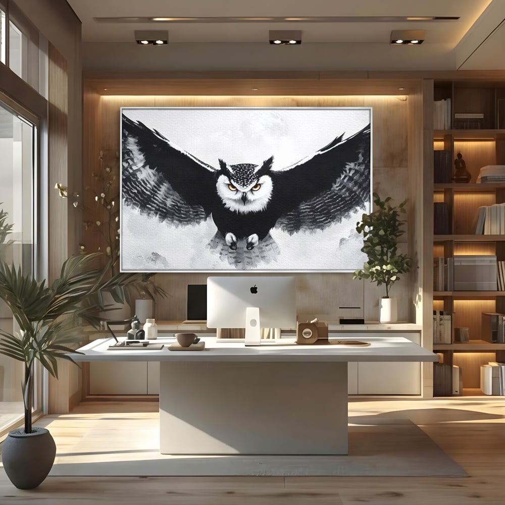 Tablou canvas cu tablou canvas cu bufnita in zbor, in rama de aluminiu argintiu, pe perete intr-un birou